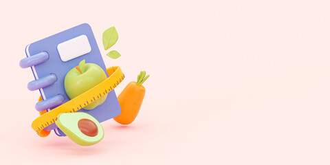 Meal planning. Measuring yellow tape with notepad and flying vegetables. 3d rendering illustration