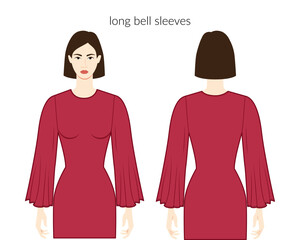 Bell sleeves long length clothes character beautiful lady in red top, shirt, dress technical fashion illustration, fitted body. Flat apparel template front, back sides. Women, men unisex CAD mockup