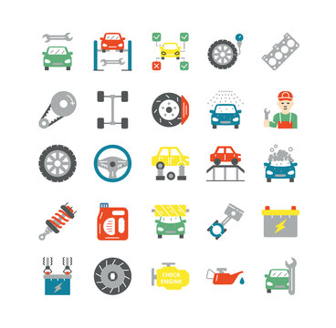 Car service icons set. Collection of graphic elements for website. Cleaning and repair of vehicle and transport. Worker with wrench. Cartoon flat vector illustrations isolated on white background