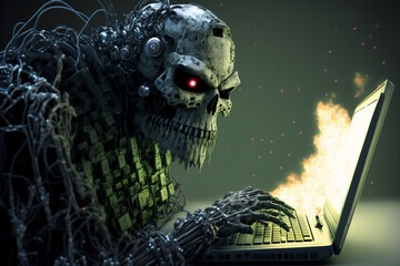 Generative AI illustration of a creepy cyborg on a flaming laptop.