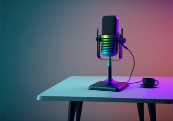 chrome podcast vintage microphone, on top of a table, a cup beside it, in neon colors gradient background. Generative Ai