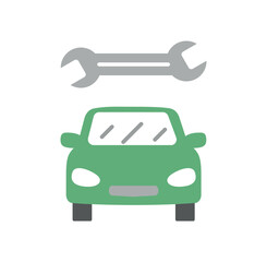 Car with wrench icon. Logotype for companies and organizations, branding. Graphic element for website. Auto repair shop and transport and vehicle care. Cartoon flat vector illustration