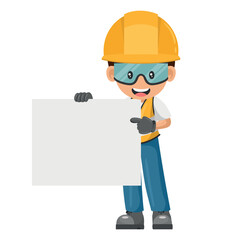 Industrial worker with his personal protection equipment holding a sign with space for text. Industrial safety and occupational health at work
