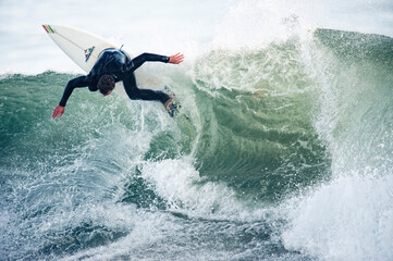 Surfing Rincon Point in Santa Barbara, California.