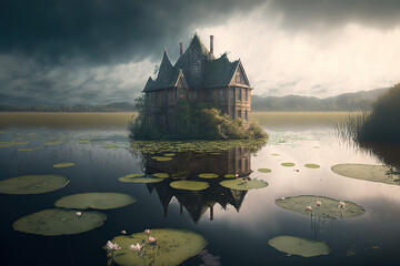 a house in the middle of a lake surrounded by lily pads, scenery, art illustration