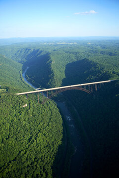 Aerial view of the Rt. 19 bridge over the New River Groge at Faytteville, WV.