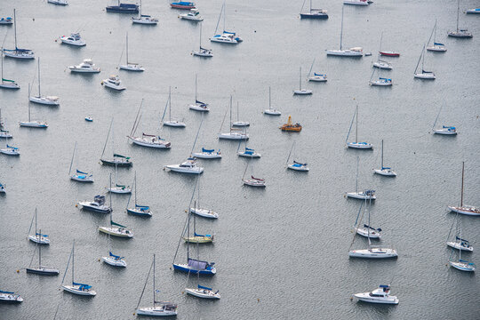 Sailboats anchored in bay of Rio de Janeiro
