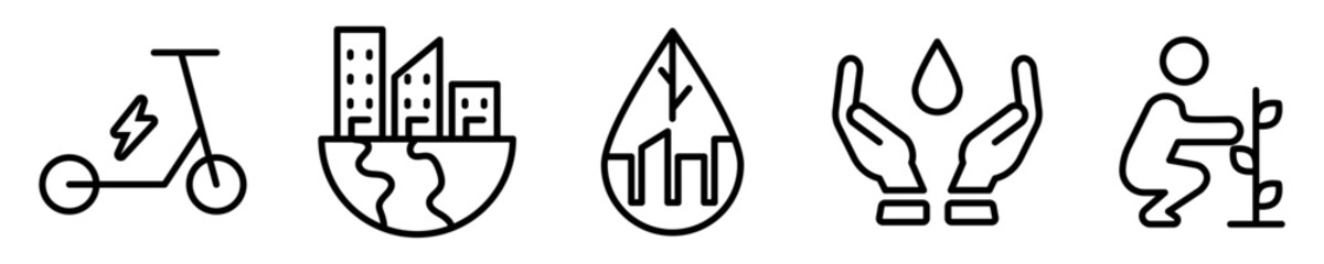 Conjunto de iconos de sostenibilidad. Ciudad verde, energía ecológica, Conservación y cuidado del agua, sembrar árboles. Ilustración vectorial © Frank