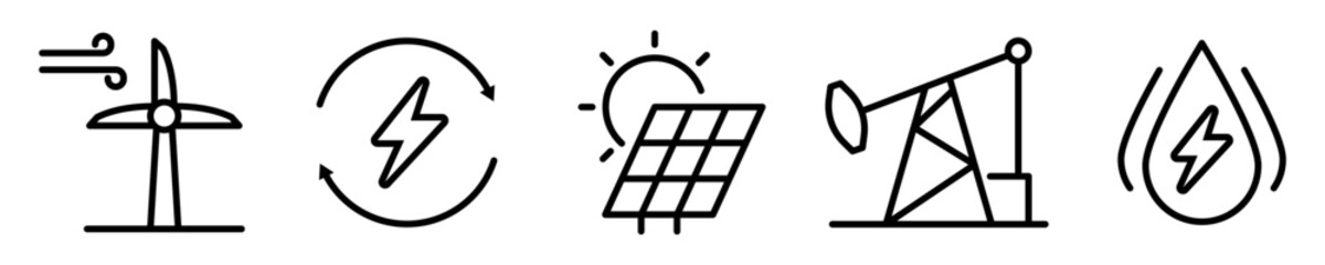 Fototapeta Conjunto de iconos de fuentes de energía. Energía eólica, electricidad, panel solar, hidroeléctrica, hidráulica. Ilustración vectorial obraz