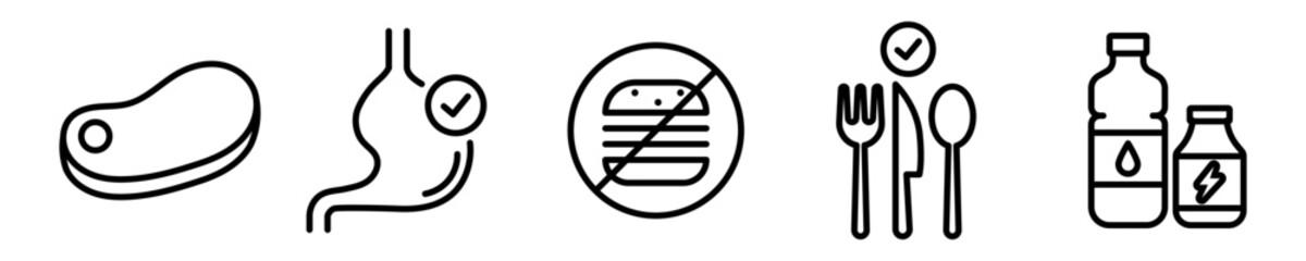 Conjunto de iconos de nutrici&oacute;n. Alimentaci&oacute;n saludable, digesti&oacute;n, bebidas. Ilustraci&oacute;n vectorial