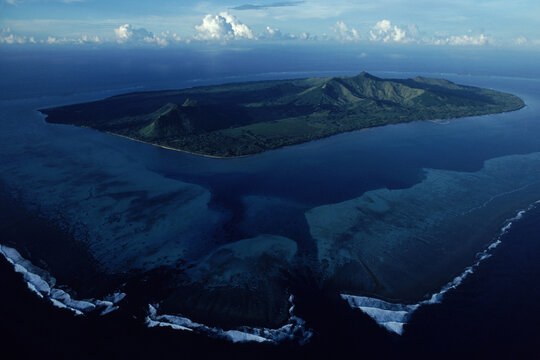 An aerial view of the shores of  Tubuai Island of French Polynesia.