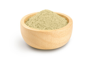 Maca powder in wooden bowl isolated on white background.
