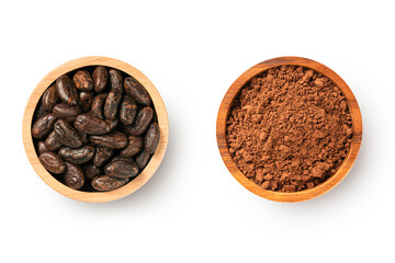 Cocoa beans and cocoa powder in wooden bowl on white background.