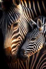 A mother and baby zebra nuzzling faces. Close up portrait. Generative AI illustration