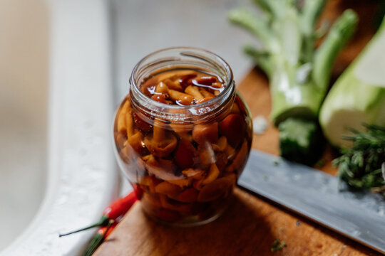 Detail of mushrooms in jar