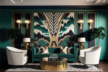 luxury living room art deco apartment hotel house interior with sofa, lamp, and plants, 