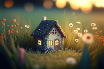 Photo sur Plexiglas Chambre denfants Tiny cute toy house deep in the grass in the meadow. Close up with depth of field. Generative AI