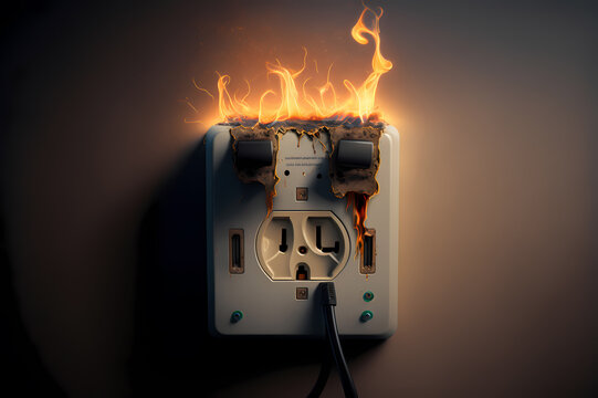 Electrical Short Circuit, Burning Wire And Rosettes Socket Plug In House. Generation AI