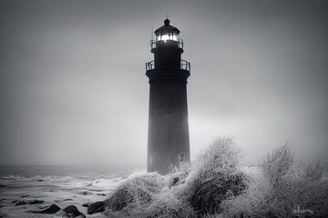 A photo of a lighthouse covered in snow, creating a frosty winter scene. © MG Images