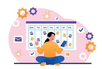 Woman with glider. Young girl sits in lotus position with smartphone in her hands. Time management and organization of effective workflow. Calendar with notes. Cartoon flat vector illustration
