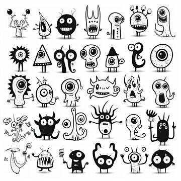 set of black and white doodle creatures and monsters illustration sprite flash sheet style, 