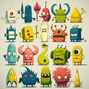 set of colorful cartoon creatures and monsters illustration sprite flash sheet style, 
