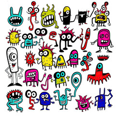 set of colorful cartoon doodle creatures and monsters illustration sprite flash sheet style, 