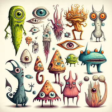 set of colorful creepy weird cartoon creatures and monsters illustration sprite flash sheet style, 