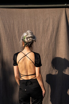 back view of Mature grey hair model portrait