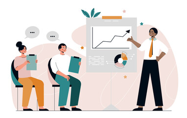 Man shows graph. Character leads presentation, public speaking. Working with diagrams and charts, marketing research. Brainstorming and teamwork, partnership. Cartoon flat vector illustration