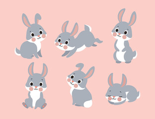 Cute rabbits set. Collection of graphic elements for website. Animal, symbol of spring holidays. Forest dweller and wild life, mammal. Cartoon flat vector illustrations isolated on pink background