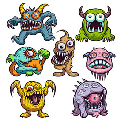 set of colorful creepy cartoon creatures and monsters illustration sprite flash sheet style on transparent background, 