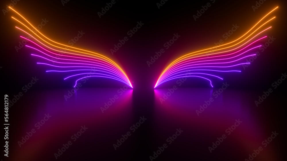 Poster sci fy neon glowing wave lines in a dark hall. reflections on the floor. empty background in the cen