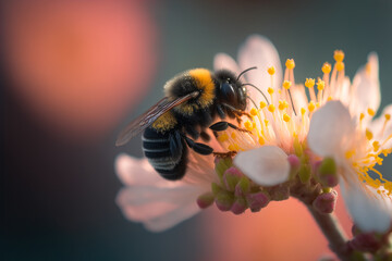 Fototapeta a bumble bee on a cheery blossom, Generative AI obraz