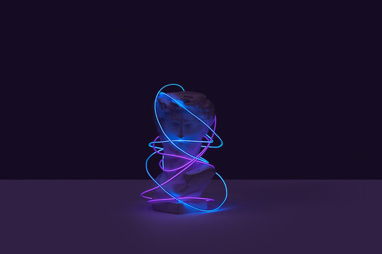 Antique bust wrapped in led neon strip.