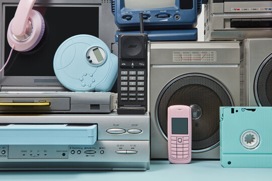 Set of 90s devices, vintage technology.