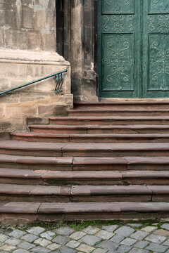 Old medieval blue decorated with stars high doorway and porch