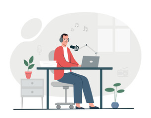 Radio presenter concept. Man with microphone in front of laptop creates interesting content. Streamer and radio presenter. Modern technologies and digital world. Cartoon flat vector illustration