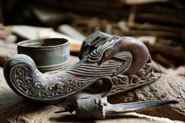 Closeup Chinese vintage woodworking tools, ink fountain