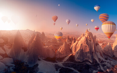 Old ancient home cave in big stone, hot air balloons fly over deep canyons, valleys Cappadocia...