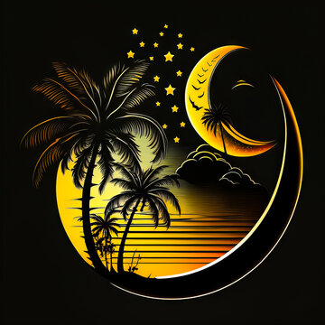 Moon and Stars over beach scene. 80s inspired retro wave logo design. 