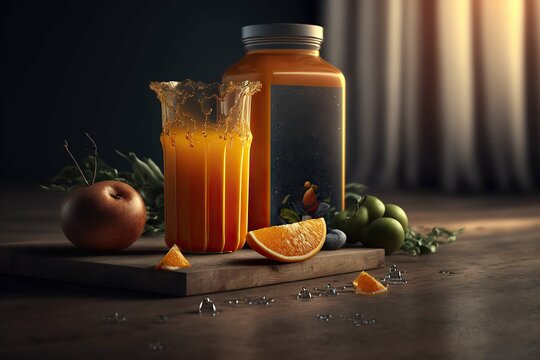Composition of fruits and glasses of juice on wood table ,orange trees on background  ,AI generated
