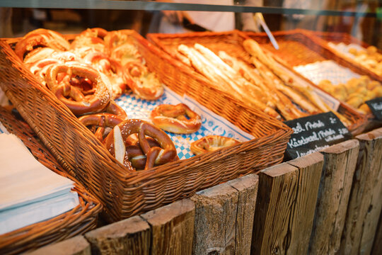 Close up of a pretzels and bread stall
