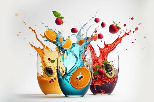 splashes Composition of fruits and glasses of juice isolated on white background ,AI generated

