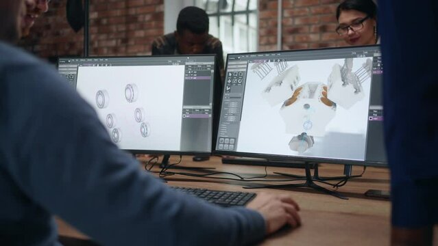 creating 3D model of modern engine and machinery in project office of international company
