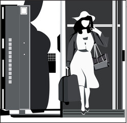 A girl in a dress with suitcases is traveling