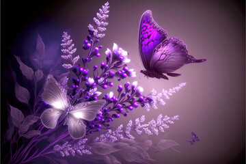 Obraz na płótnie Canvas Glowing purple background with Flowers, butterflys. Generative AI