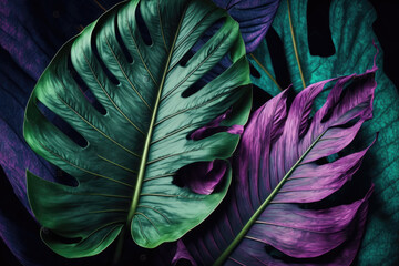 Green and purple tropical leaves background, tropic floral texture backdrop, generative ai