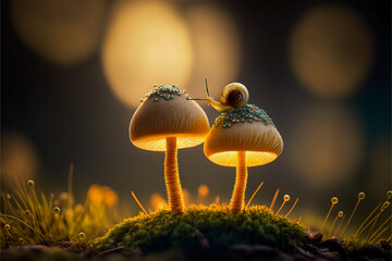 little snail on the mushroom with warm tone - Powered by Adobe