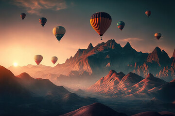 a group of hot air balloons flying over a mountain, scenery, art illustration